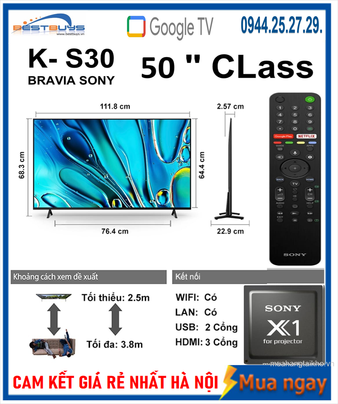 TV/ LED/ Sony/ TV 50"(127cm)/ Sony Bravia  K-50S30 LED 4K HDR Processor X1™ | 4K Ultra HD | High Dynamic Range (HDR) | Smart TV (Google TV)