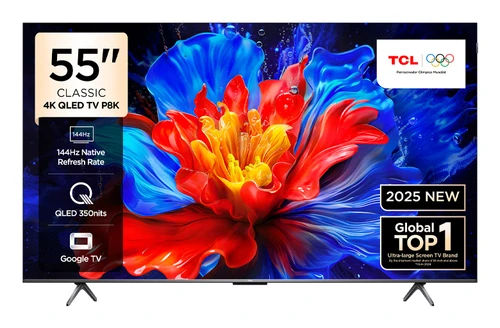 TV/ QLED/ TCL/ QLED TV 55"(140cm)/ 55P8K 4K Google TV 120Hz(VRR 144Hz/DLG244Hz) HDR10+ 2.1CH 2x10W+15W  BT5.2 Wi-Fi 2.4+5GHz DVB-T/T2/C/S/S2 2x15W Airplay2 300x300