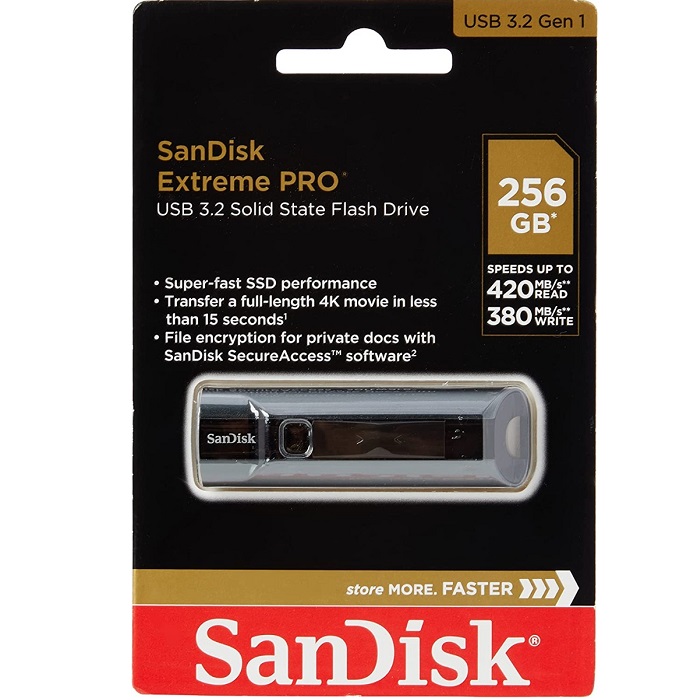USB Flash Drive/ 256GB/ SanDisk Extreme PRO USB 3.2 Solid State Flash Drive - 256GB