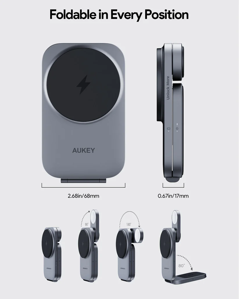 Wireless Charger/ Aukey 3 in-1 15W LC-MC312 MagFusion Z Qi2 Foldable Wireless Charging Station Gray