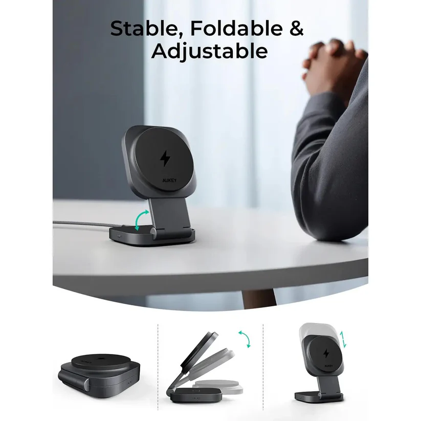 Wireless Charger/ AUKEY LC-MC211 2-in-1 (Phone + Earphones) Desktop Retractable and Foldable Magnetic Wireless Charger with 1.5M C-to-C Cable, Gunmetal Color