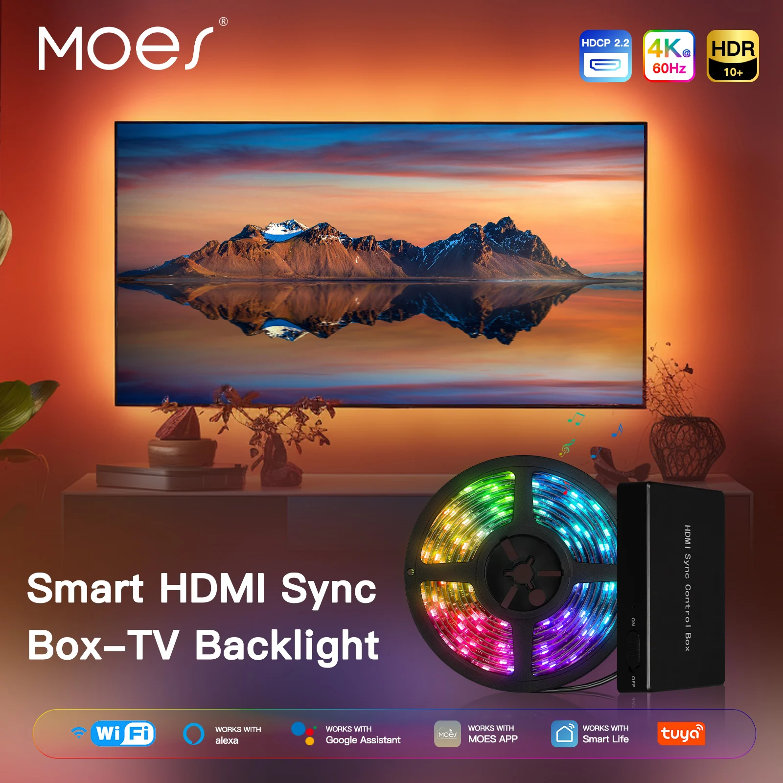 MOES Smart WiFi Ambient Lighting TV Backlight 4K HDMI 2.0 Sync Box LED Light Strip Music