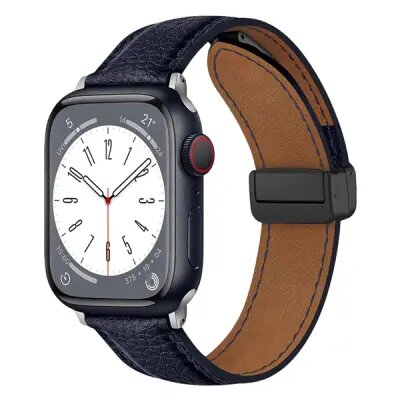 Mobile and Smartphones/ ZTE/ For Apple Watch 10 46mm / Ultra 2 / Ultra 49mm / 9 8 7 45mm / SE (2023) SE (2022) SE 6 5 4 44mm / 3 2 1 42mm Litchi Texture Leather Strap - Dark Blue